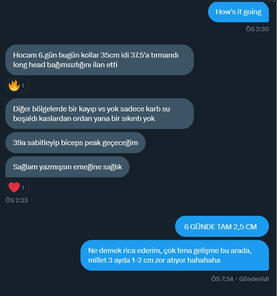 6 günde kolda 2,5 cm artış. Özel izole kol programlarını, Ascend Tricks kitabında anlattığım hızlı kol büyütme yöntemi ile uygulayan bir arkadaşımız.